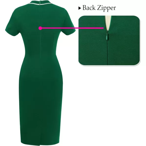 VFSHOW Womens Tie Neck Slim Work Office Business Cocktail Bodycon Pencil DressGreen With White Piping