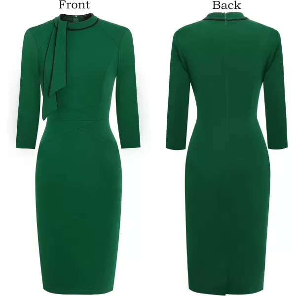 VFSHOW Womens Tie Neck Slim Work Office Business Cocktail Bodycon Pencil DressGreenwithblackpiping2