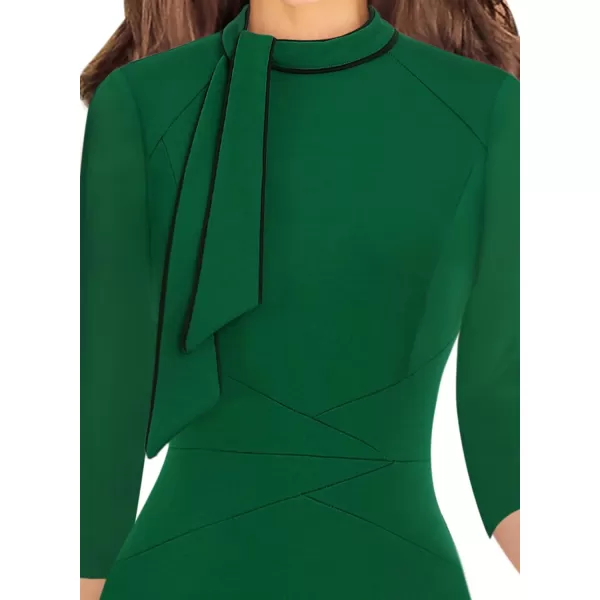 VFSHOW Womens Tie Neck Slim Work Office Business Cocktail Bodycon Pencil DressGreenwithblackpiping2