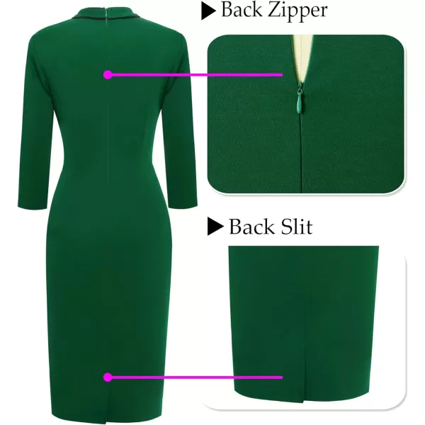 VFSHOW Womens Tie Neck Slim Work Office Business Cocktail Bodycon Pencil DressGreenwithblackpiping2