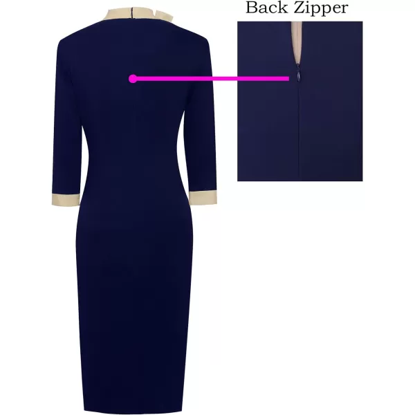 VFSHOW Womens Tie Neck Slim Work Office Business Cocktail Bodycon Pencil DressNavy Blue With Beige Ties