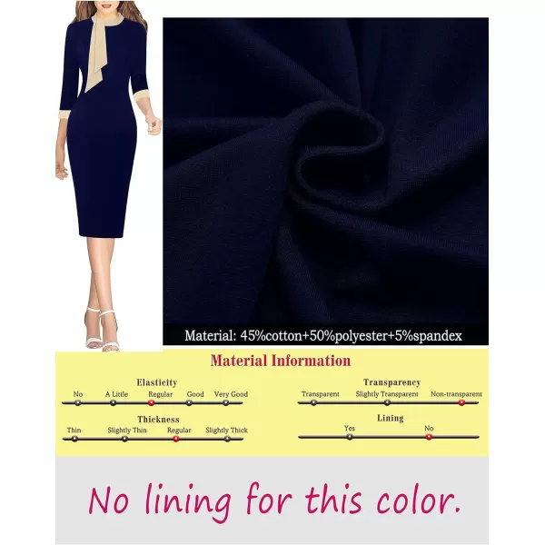 VFSHOW Womens Tie Neck Slim Work Office Business Cocktail Bodycon Pencil DressNavy Blue With Beige Ties