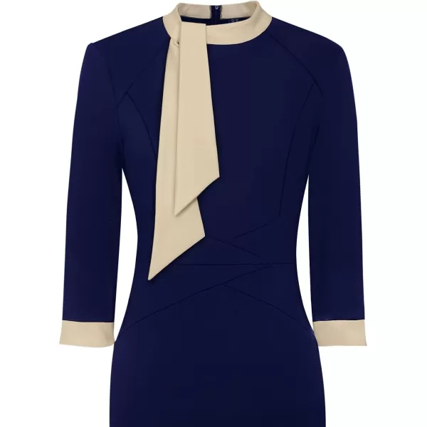 VFSHOW Womens Tie Neck Slim Work Office Business Cocktail Bodycon Pencil DressNavy Blue With Beige Ties