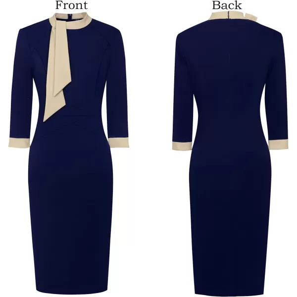 VFSHOW Womens Tie Neck Slim Work Office Business Cocktail Bodycon Pencil DressNavy Blue With Beige Ties