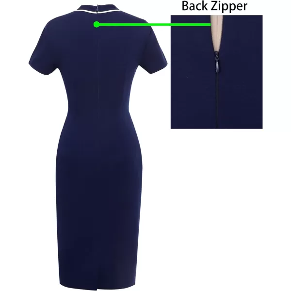 VFSHOW Womens Tie Neck Slim Work Office Business Cocktail Bodycon Pencil DressNavy Blue With White Piping