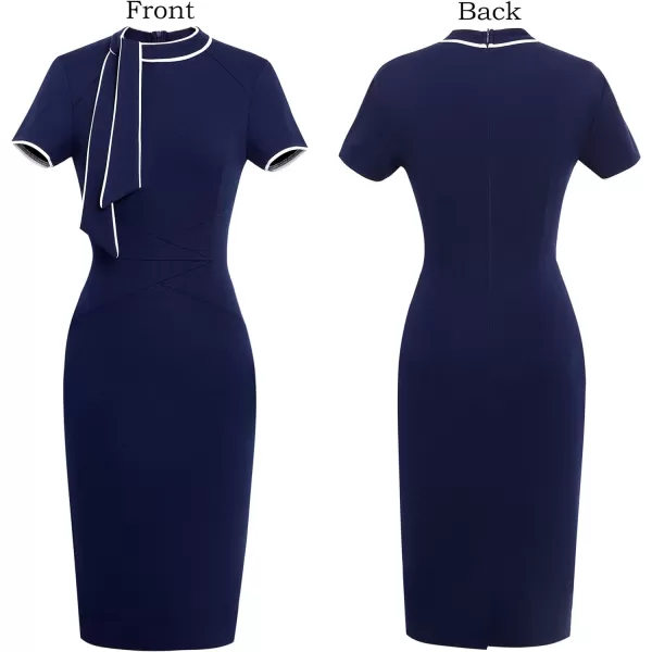 VFSHOW Womens Tie Neck Slim Work Office Business Cocktail Bodycon Pencil DressNavy Blue With White Piping