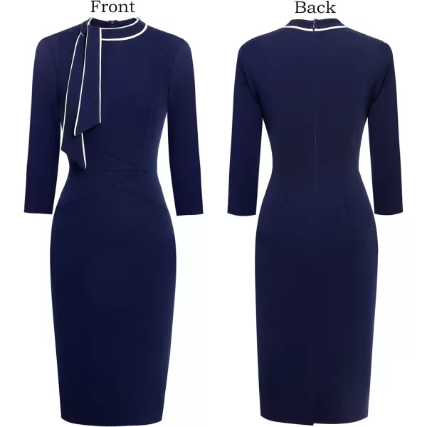 VFSHOW Womens Tie Neck Slim Work Office Business Cocktail Bodycon Pencil DressNavy Blue With White Piping2