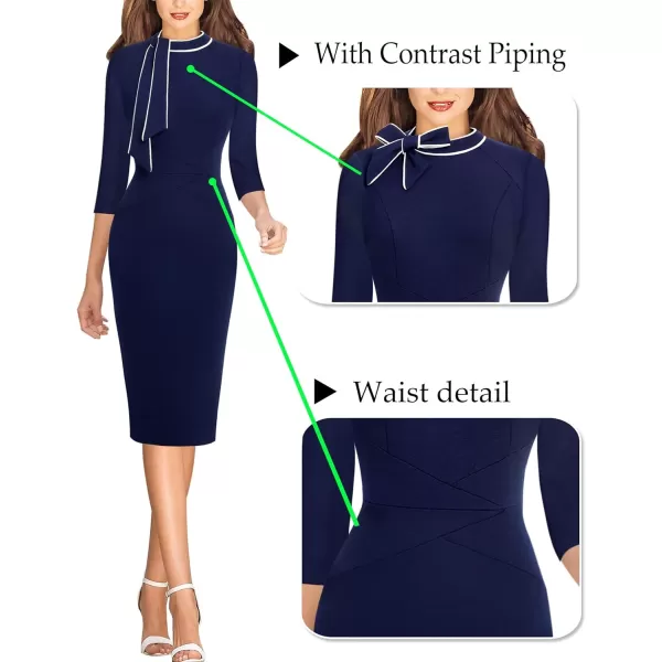 VFSHOW Womens Tie Neck Slim Work Office Business Cocktail Bodycon Pencil DressNavy Blue With White Piping2