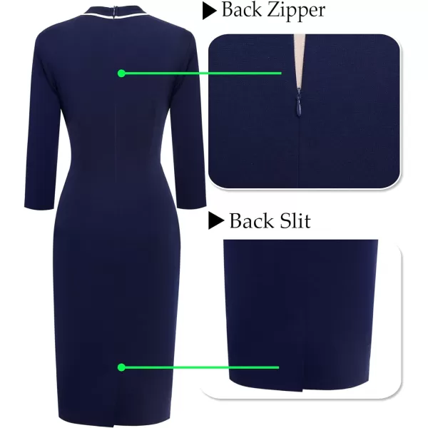 VFSHOW Womens Tie Neck Slim Work Office Business Cocktail Bodycon Pencil DressNavy Blue With White Piping2