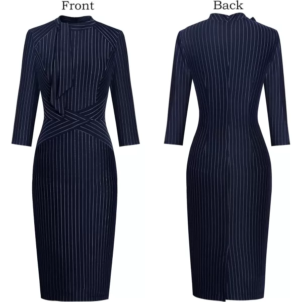 VFSHOW Womens Tie Neck Slim Work Office Business Cocktail Bodycon Pencil DressNavy Blue and White Striped2