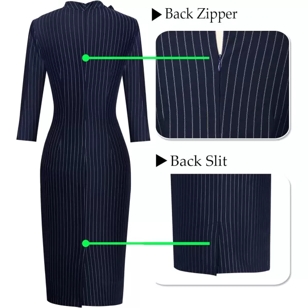 VFSHOW Womens Tie Neck Slim Work Office Business Cocktail Bodycon Pencil DressNavy Blue and White Striped2