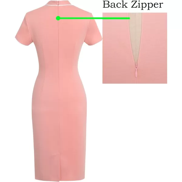 VFSHOW Womens Tie Neck Slim Work Office Business Cocktail Bodycon Pencil DressPeach Pink With White Piping