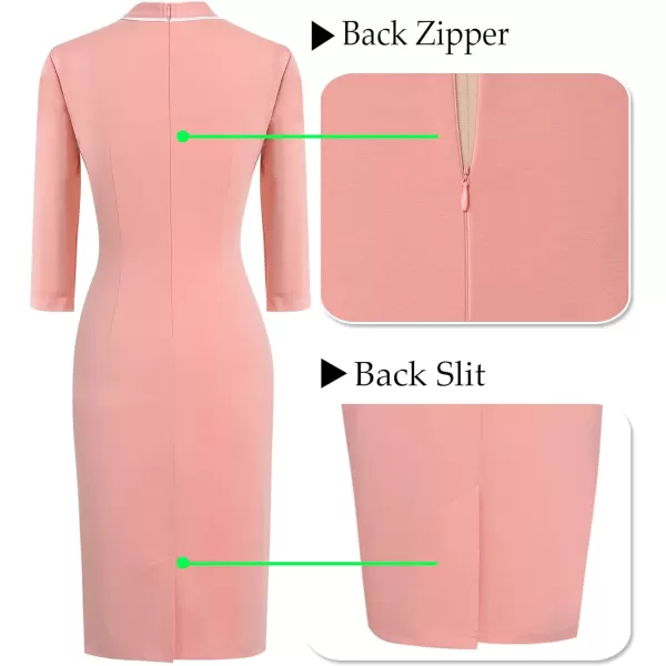 VFSHOW Womens Tie Neck Slim Work Office Business Cocktail Bodycon Pencil DressPeach Pink With White Piping2