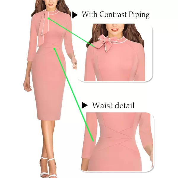 VFSHOW Womens Tie Neck Slim Work Office Business Cocktail Bodycon Pencil DressPeach Pink With White Piping2