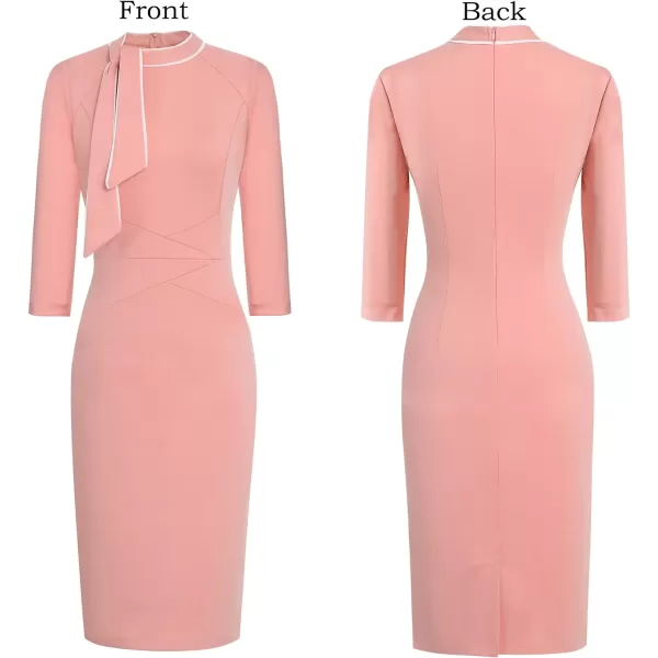 VFSHOW Womens Tie Neck Slim Work Office Business Cocktail Bodycon Pencil DressPeach Pink With White Piping2