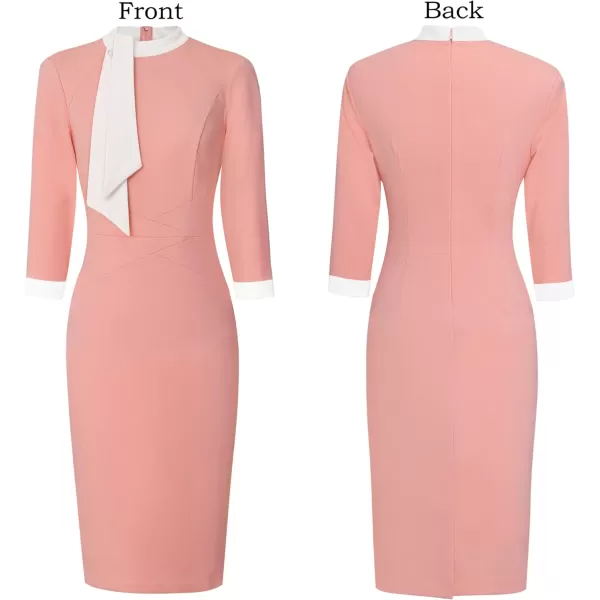 VFSHOW Womens Tie Neck Slim Work Office Business Cocktail Bodycon Pencil DressPeach Pink With White Tie