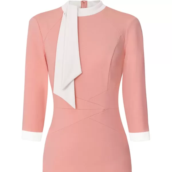 VFSHOW Womens Tie Neck Slim Work Office Business Cocktail Bodycon Pencil DressPeach Pink With White Tie