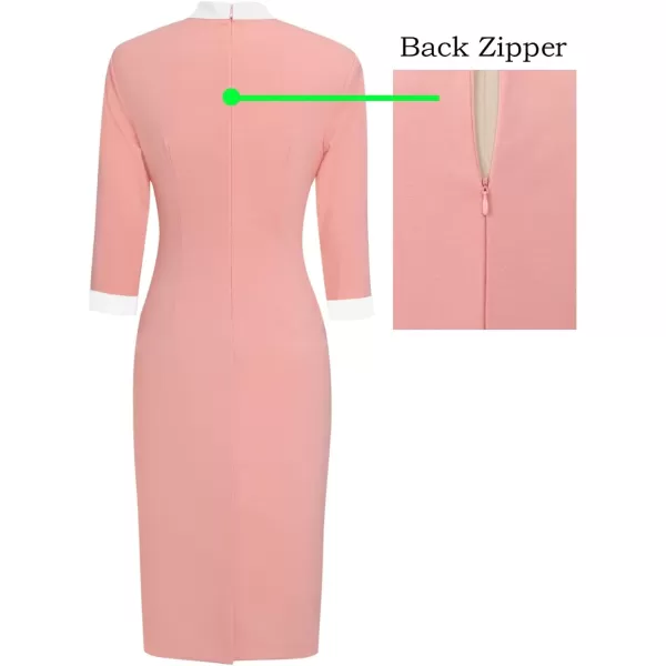 VFSHOW Womens Tie Neck Slim Work Office Business Cocktail Bodycon Pencil DressPeach Pink With White Tie