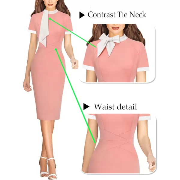 VFSHOW Womens Tie Neck Slim Work Office Business Cocktail Bodycon Pencil DressPeach With White Tie2