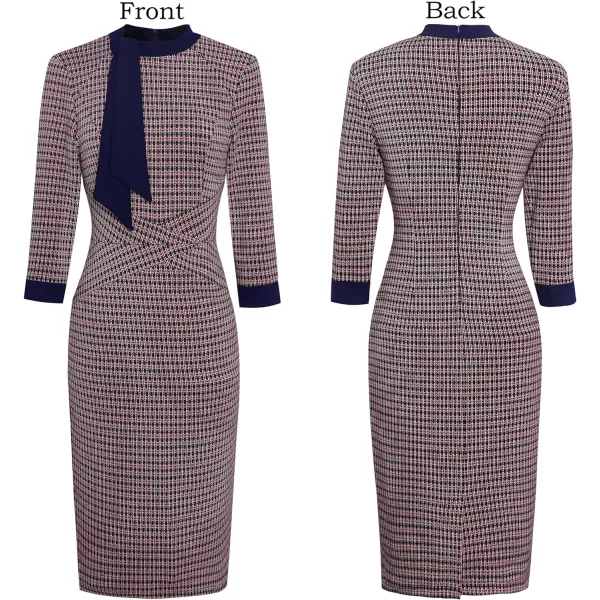 VFSHOW Womens Tie Neck Slim Work Office Business Cocktail Bodycon Pencil DressRed Houndstooth