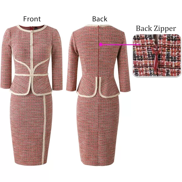 VFSHOW Womens Tweed Buttons Peplum Front Split Business Work Office Bodycon Crew Neck Colorblock Slim Career Pencil DressRed Tweed