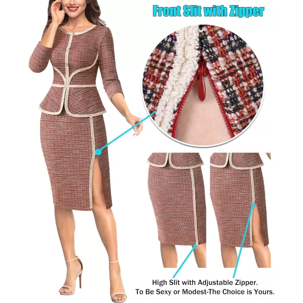 VFSHOW Womens Tweed Buttons Peplum Front Split Business Work Office Bodycon Crew Neck Colorblock Slim Career Pencil DressRed Tweed