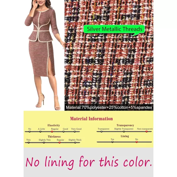 VFSHOW Womens Tweed Buttons Peplum Front Split Business Work Office Bodycon Crew Neck Colorblock Slim Career Pencil DressRed Tweed