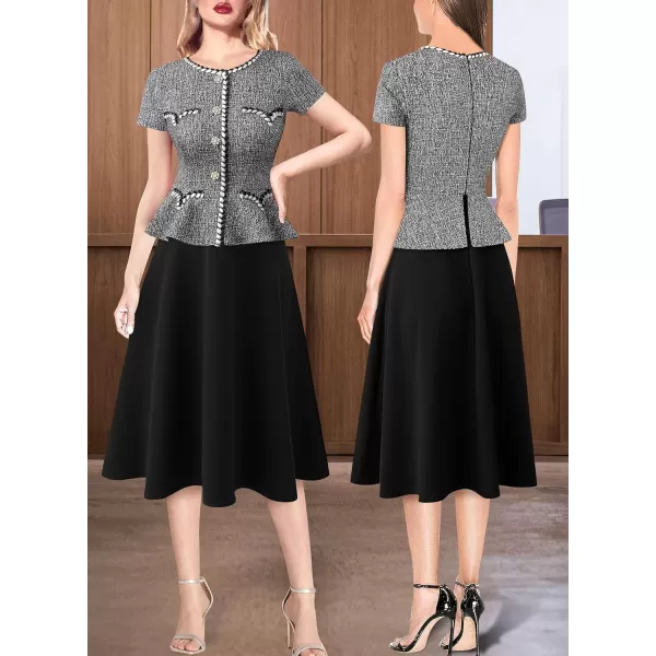 VFSHOW Womens Tweed Buttons Peplum Work Business Office Church Braided Trim Patchwork Fit and Flare ALine Midi DressBlack Tweed  Black