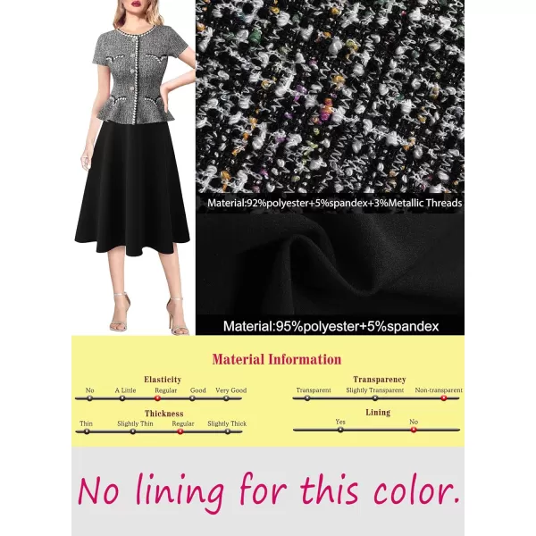 VFSHOW Womens Tweed Buttons Peplum Work Business Office Church Braided Trim Patchwork Fit and Flare ALine Midi DressBlack Tweed  Black