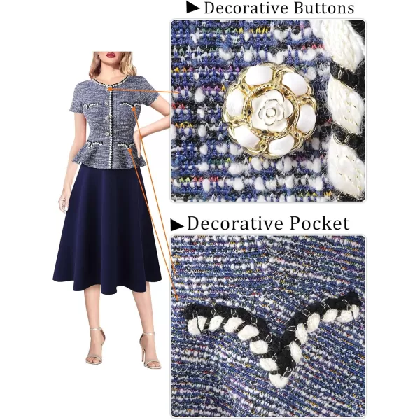 VFSHOW Womens Tweed Buttons Peplum Work Business Office Church Braided Trim Patchwork Fit and Flare ALine Midi DressBlue Tweed  Navy