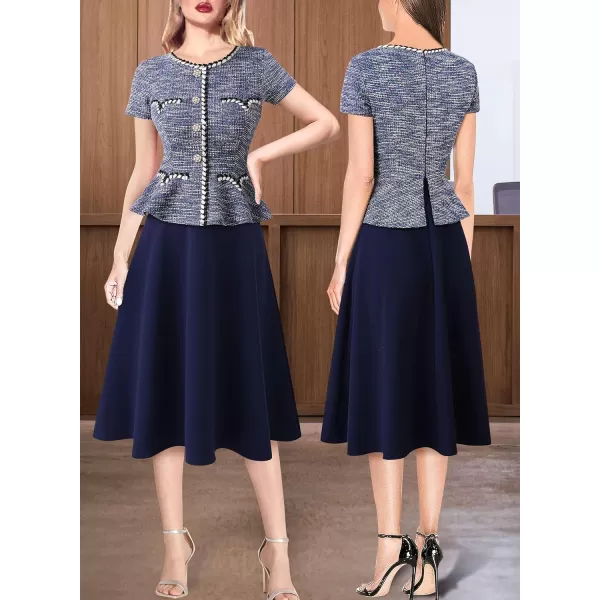 VFSHOW Womens Tweed Buttons Peplum Work Business Office Church Braided Trim Patchwork Fit and Flare ALine Midi DressBlue Tweed  Navy