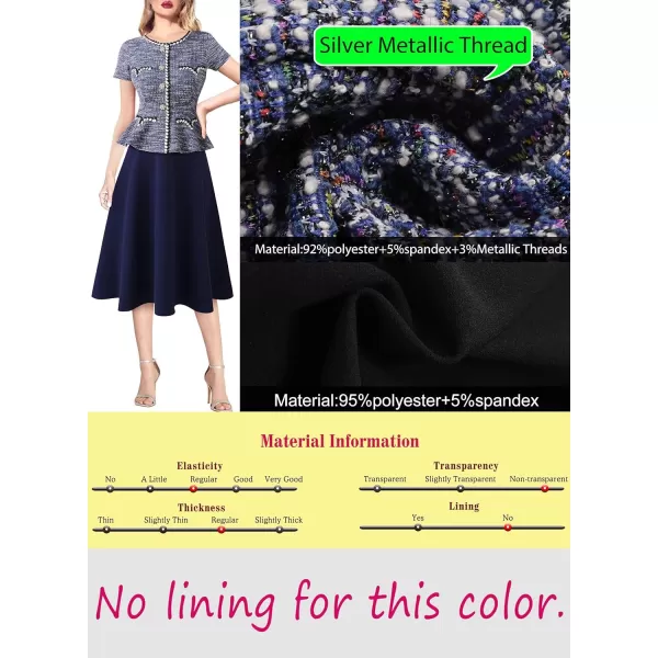 VFSHOW Womens Tweed Buttons Peplum Work Business Office Church Braided Trim Patchwork Fit and Flare ALine Midi DressBlue Tweed  Navy