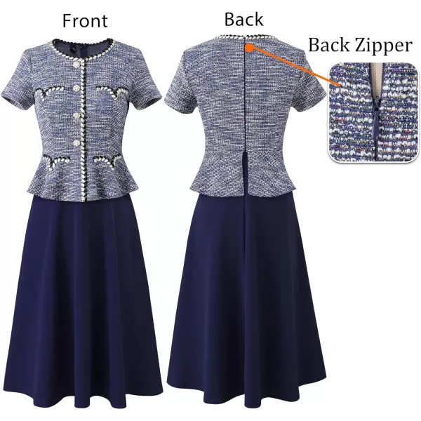 VFSHOW Womens Tweed Buttons Peplum Work Business Office Church Braided Trim Patchwork Fit and Flare ALine Midi DressBlue Tweed  Navy