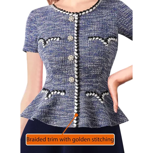 VFSHOW Womens Tweed Buttons Peplum Work Business Office Church Braided Trim Patchwork Fit and Flare ALine Midi DressBlue Tweed  Navy