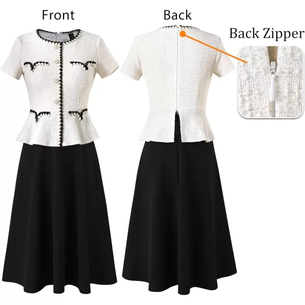 VFSHOW Womens Tweed Buttons Peplum Work Business Office Church Braided Trim Patchwork Fit and Flare ALine Midi DressWhite Tweed  Black