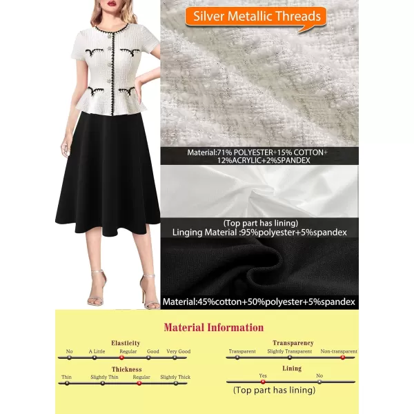 VFSHOW Womens Tweed Buttons Peplum Work Business Office Church Braided Trim Patchwork Fit and Flare ALine Midi DressWhite Tweed  Black