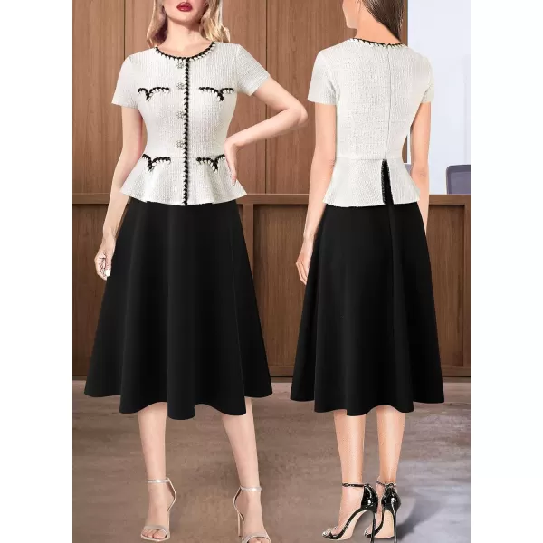 VFSHOW Womens Tweed Buttons Peplum Work Business Office Church Braided Trim Patchwork Fit and Flare ALine Midi DressWhite Tweed  Black