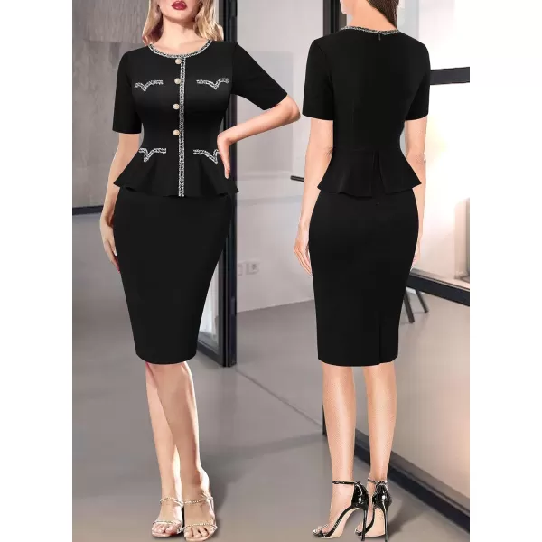 VFSHOW Womens Tweed Buttons Peplum Work Office Business Bodycon Crew Neck Braided Trim Patchwork Slim Career Pencil DressBlack Short Sleeve