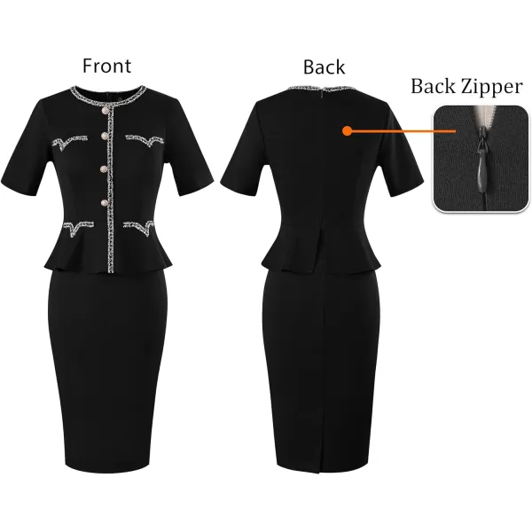 VFSHOW Womens Tweed Buttons Peplum Work Office Business Bodycon Crew Neck Braided Trim Patchwork Slim Career Pencil DressBlack Short Sleeve