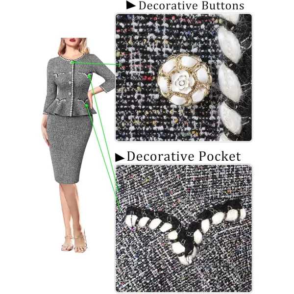 VFSHOW Womens Tweed Buttons Peplum Work Office Business Bodycon Crew Neck Braided Trim Patchwork Slim Career Pencil DressBlack Tweed