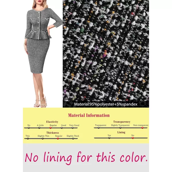 VFSHOW Womens Tweed Buttons Peplum Work Office Business Bodycon Crew Neck Braided Trim Patchwork Slim Career Pencil DressBlack Tweed