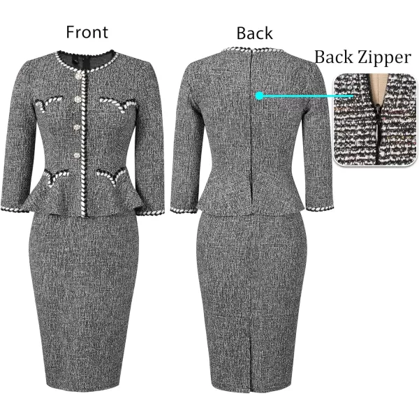 VFSHOW Womens Tweed Buttons Peplum Work Office Business Bodycon Crew Neck Braided Trim Patchwork Slim Career Pencil DressBlack Tweed