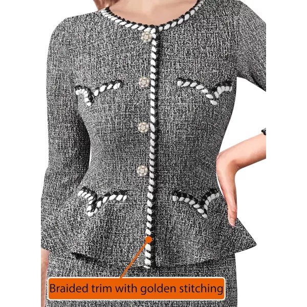 VFSHOW Womens Tweed Buttons Peplum Work Office Business Bodycon Crew Neck Braided Trim Patchwork Slim Career Pencil DressBlack Tweed