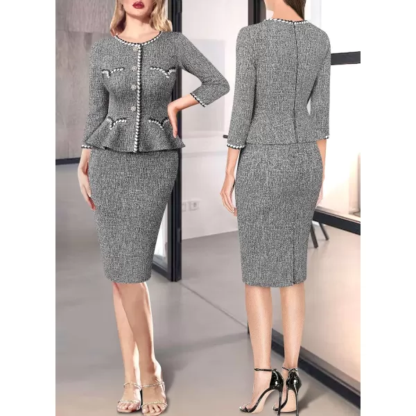 VFSHOW Womens Tweed Buttons Peplum Work Office Business Bodycon Crew Neck Braided Trim Patchwork Slim Career Pencil DressBlack Tweed