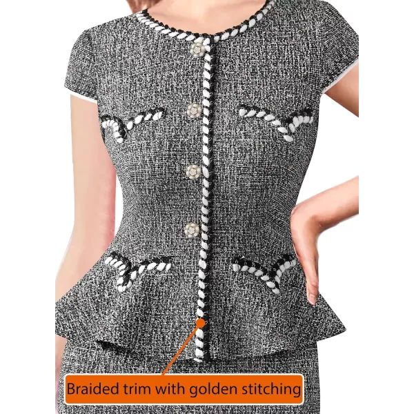 VFSHOW Womens Tweed Buttons Peplum Work Office Business Bodycon Crew Neck Braided Trim Patchwork Slim Career Pencil DressBlack Tweedcap Sleeve