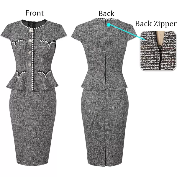 VFSHOW Womens Tweed Buttons Peplum Work Office Business Bodycon Crew Neck Braided Trim Patchwork Slim Career Pencil DressBlack Tweedcap Sleeve