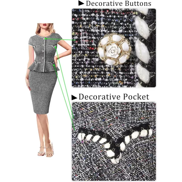 VFSHOW Womens Tweed Buttons Peplum Work Office Business Bodycon Crew Neck Braided Trim Patchwork Slim Career Pencil DressBlack Tweedcap Sleeve