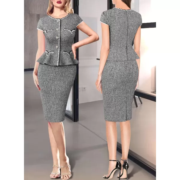 VFSHOW Womens Tweed Buttons Peplum Work Office Business Bodycon Crew Neck Braided Trim Patchwork Slim Career Pencil DressBlack Tweedcap Sleeve