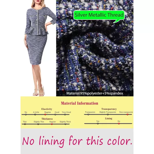 VFSHOW Womens Tweed Buttons Peplum Work Office Business Bodycon Crew Neck Braided Trim Patchwork Slim Career Pencil DressBlue Tweed