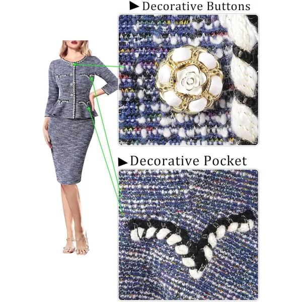 VFSHOW Womens Tweed Buttons Peplum Work Office Business Bodycon Crew Neck Braided Trim Patchwork Slim Career Pencil DressBlue Tweed